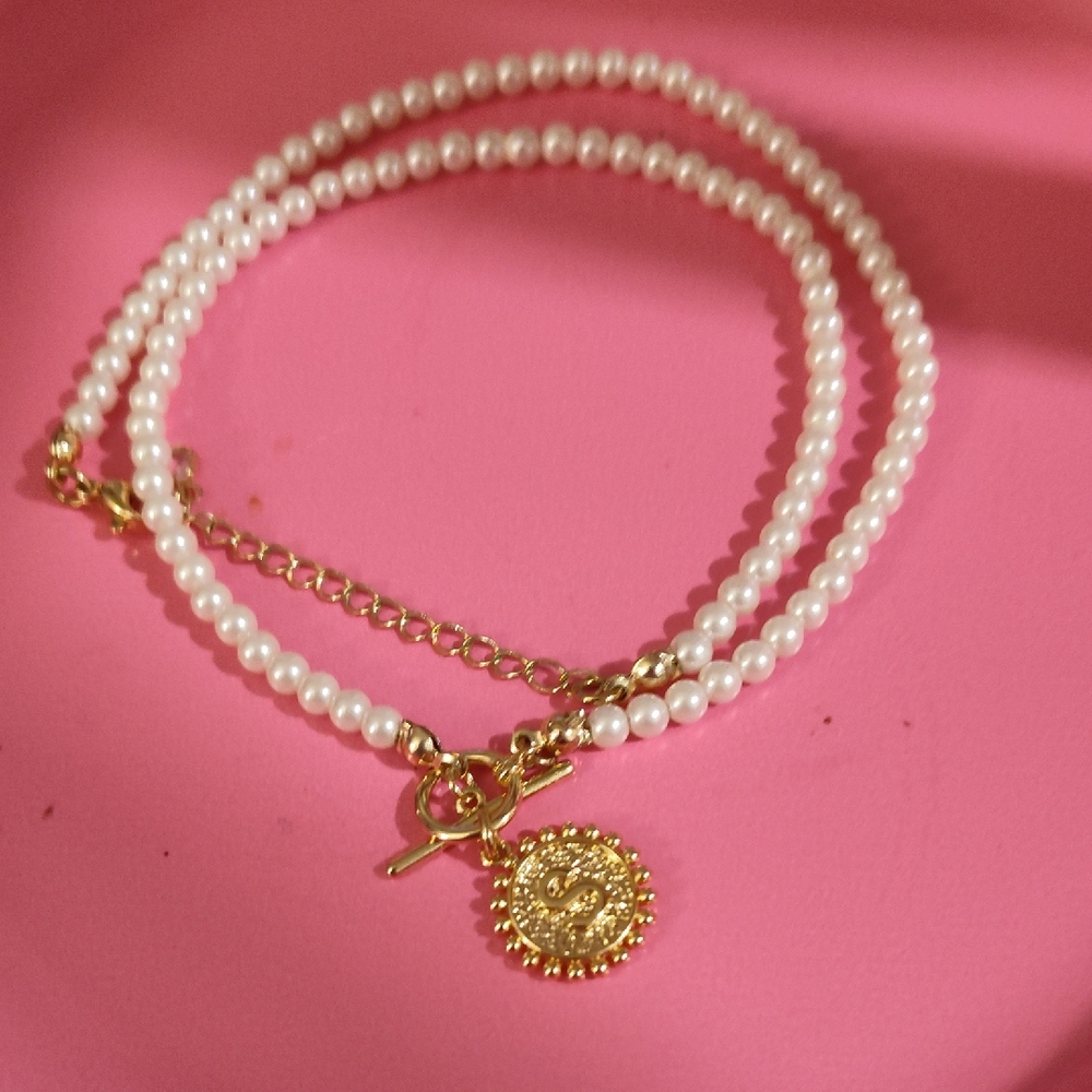 Pearls White Faux Bracelet Toggle Double Strand Initial "S Gold Tone Charm Heart